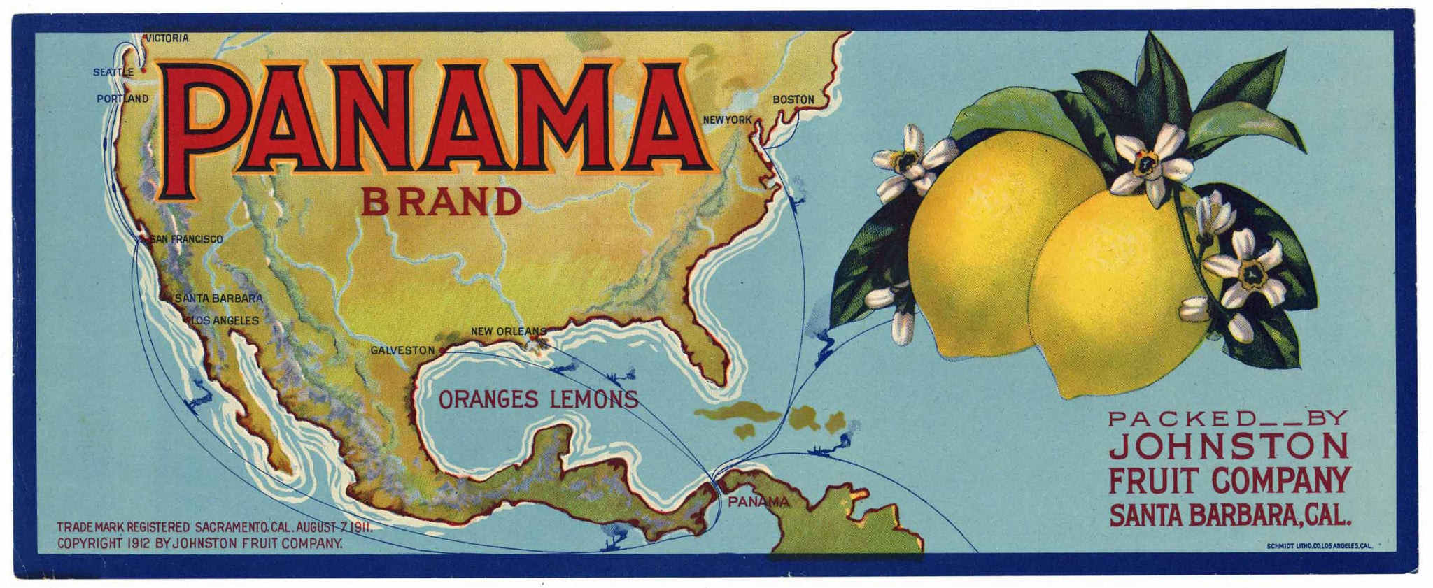 Panama Brand Vintage Santa Barbara California Lemon Crate Label, 1/2 box