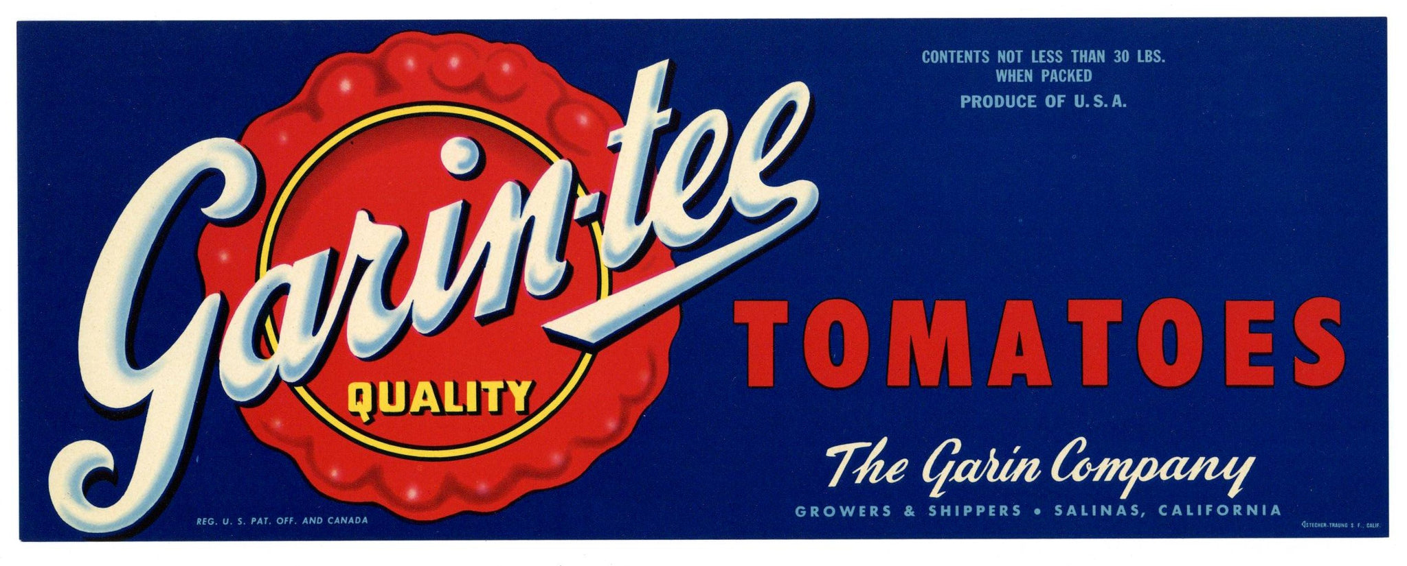 Garin-Tee Brand Vintage Salinas California Tomato Crate Label, 1950s