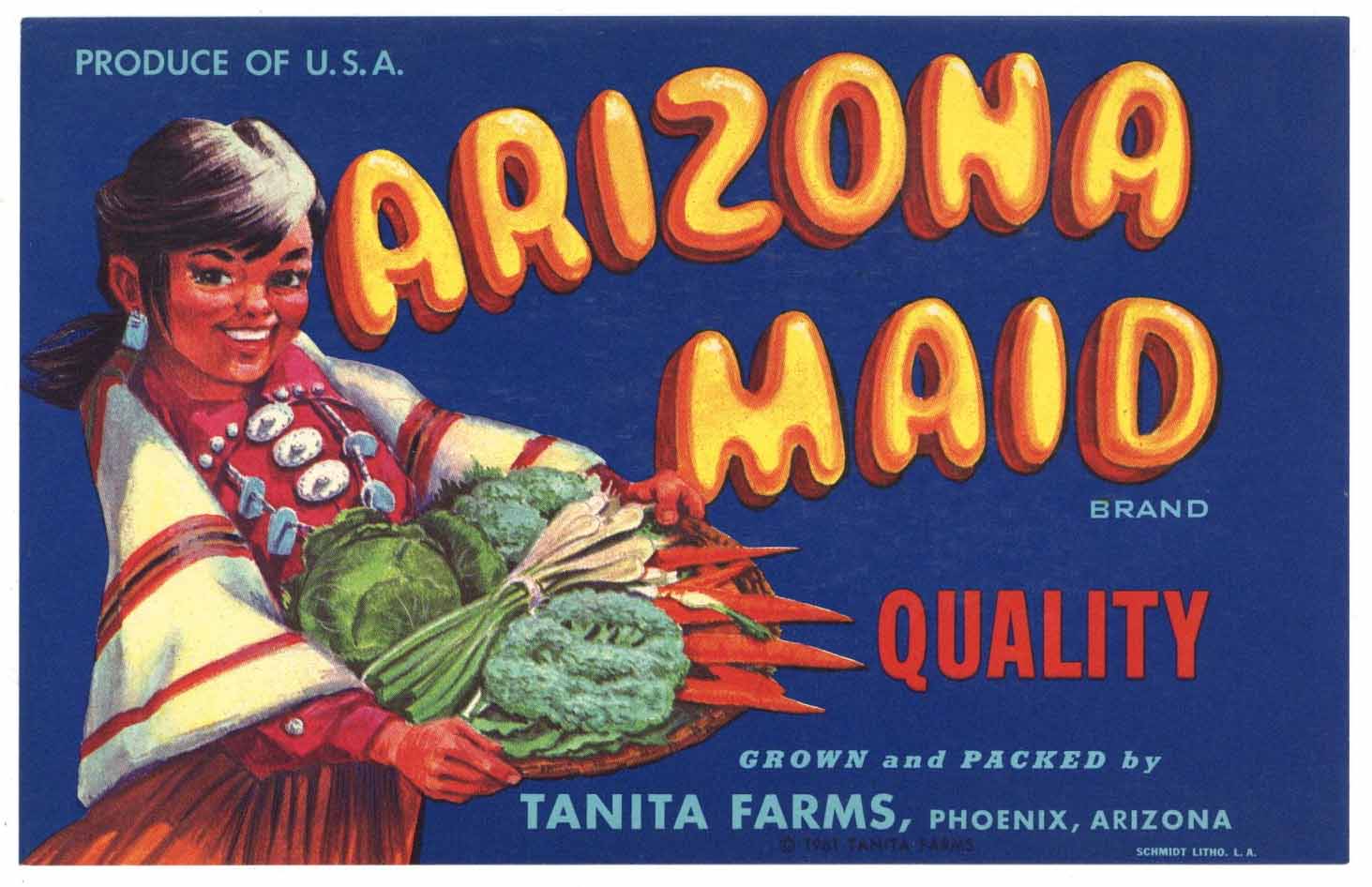 Arizona Maid Brand Vintage Phoenix Arizona Vegetable Crate Label