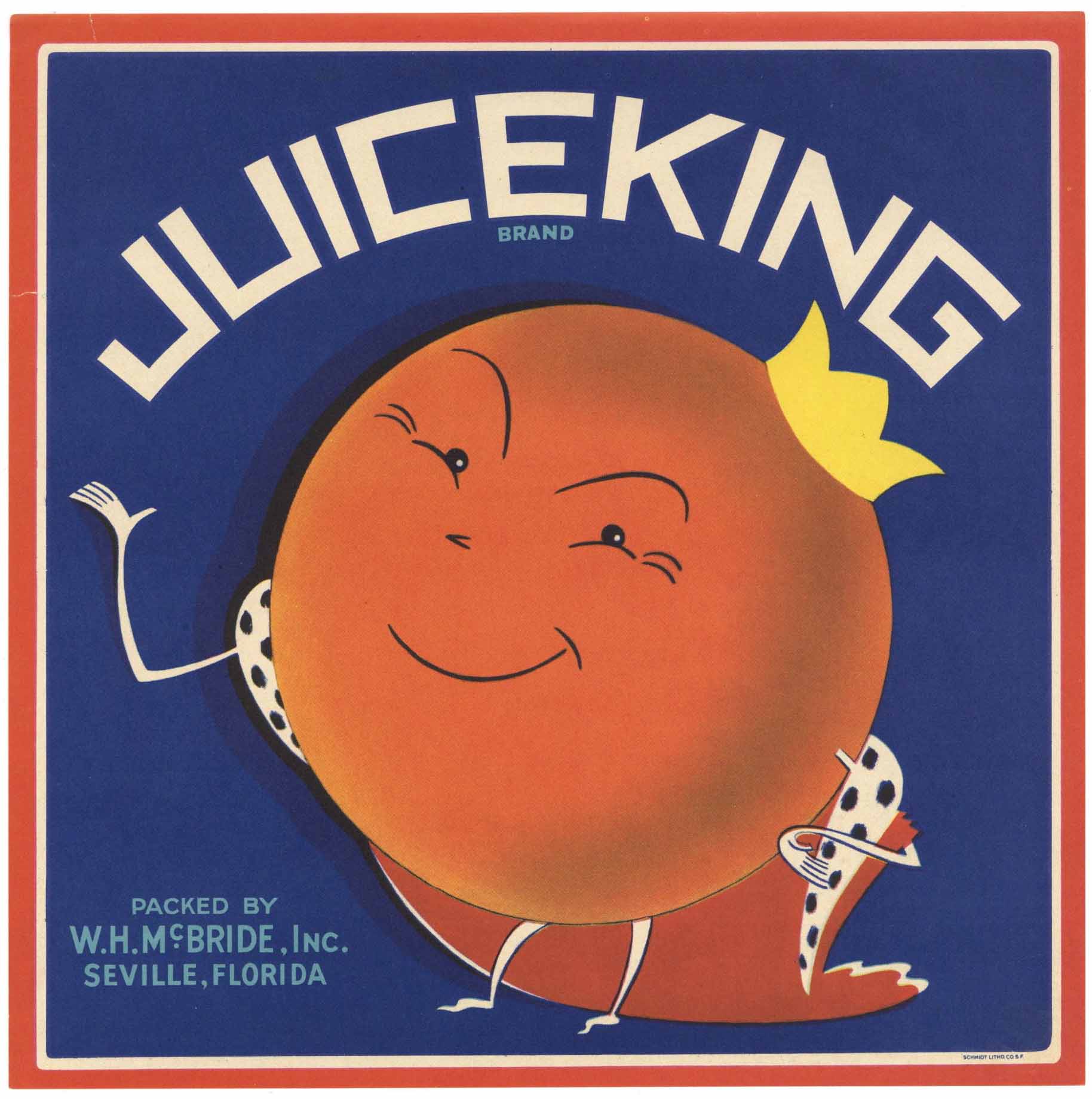 Juice King Brand Vintage Seville Florida Citrus Crate Label, L