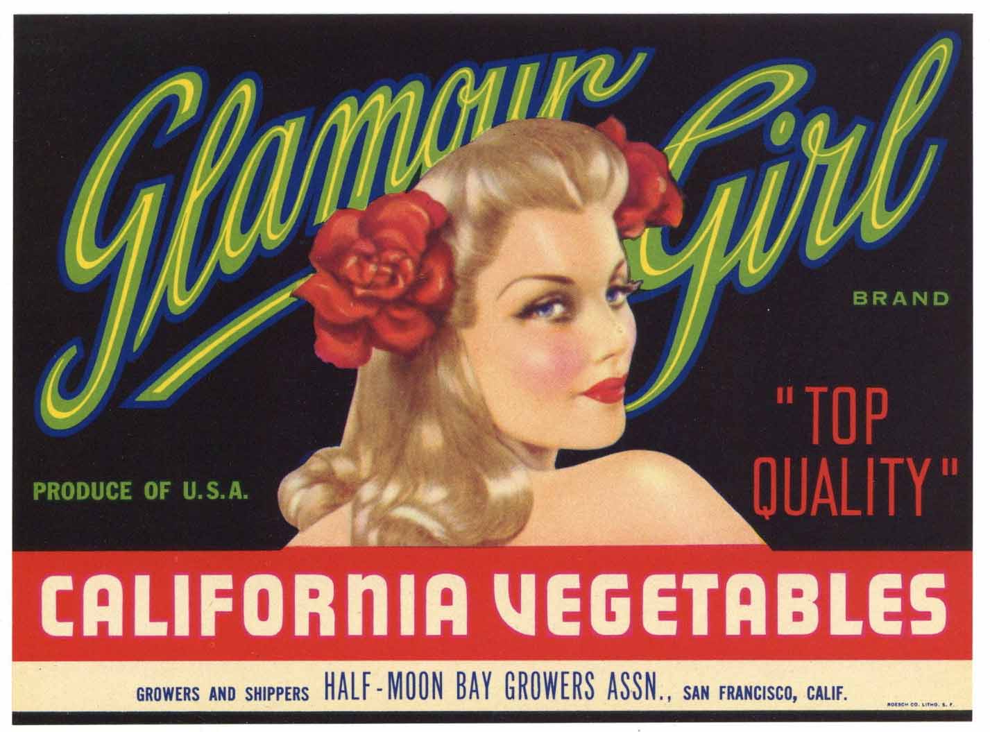 Glamour Girl Brand Vintage Half Moon Bay Vegetable Crate Label