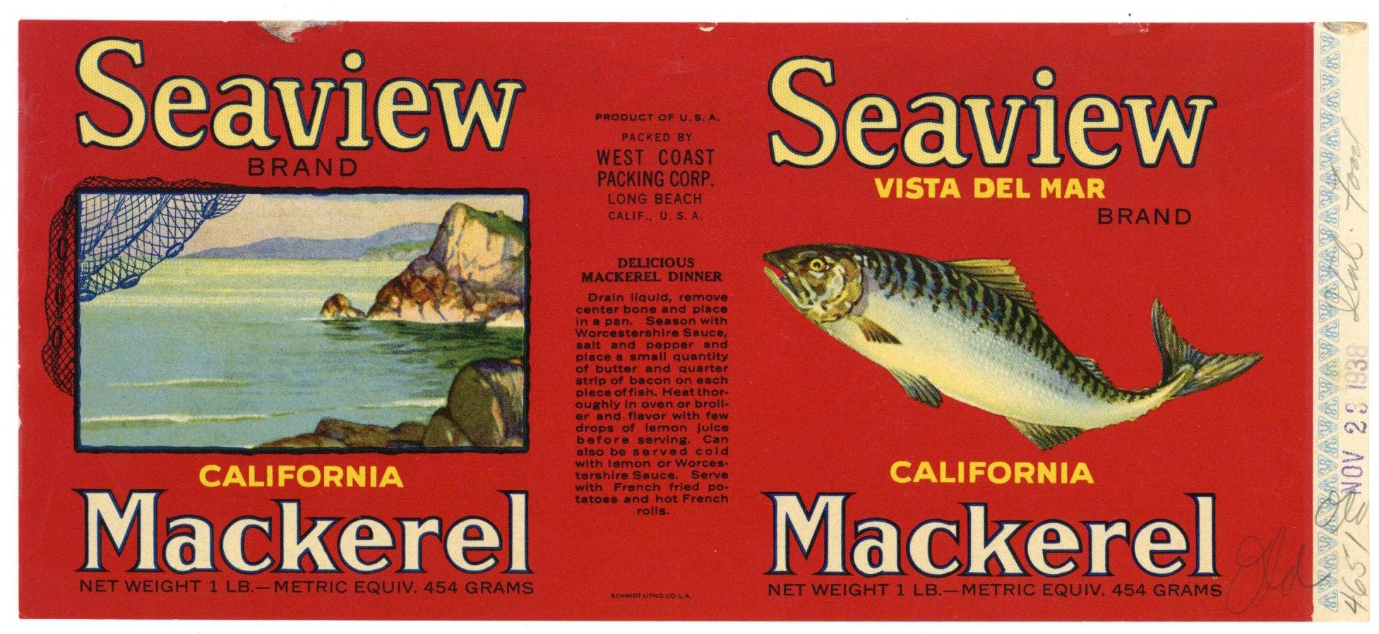 Seaview Brand Vintage California Mackerel Can Label