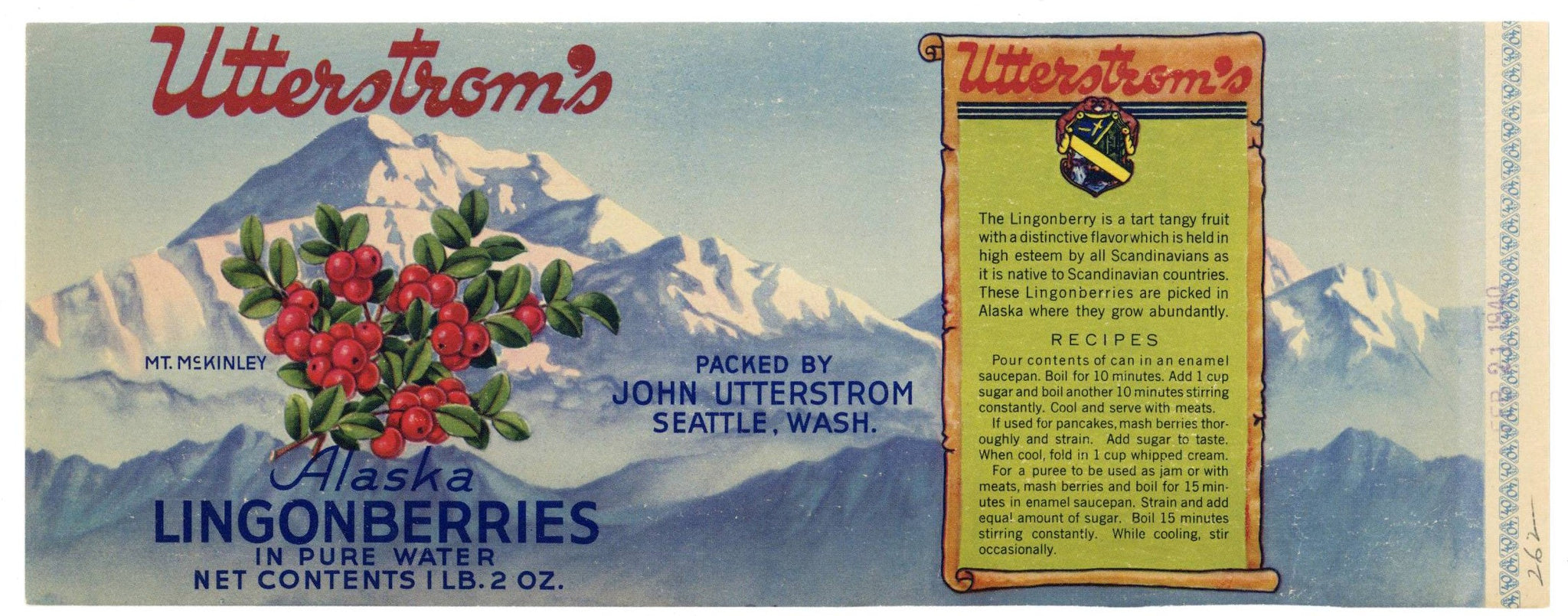 Utterstrom's Brand Vintage Seattle Washington Lingonberries Can Label