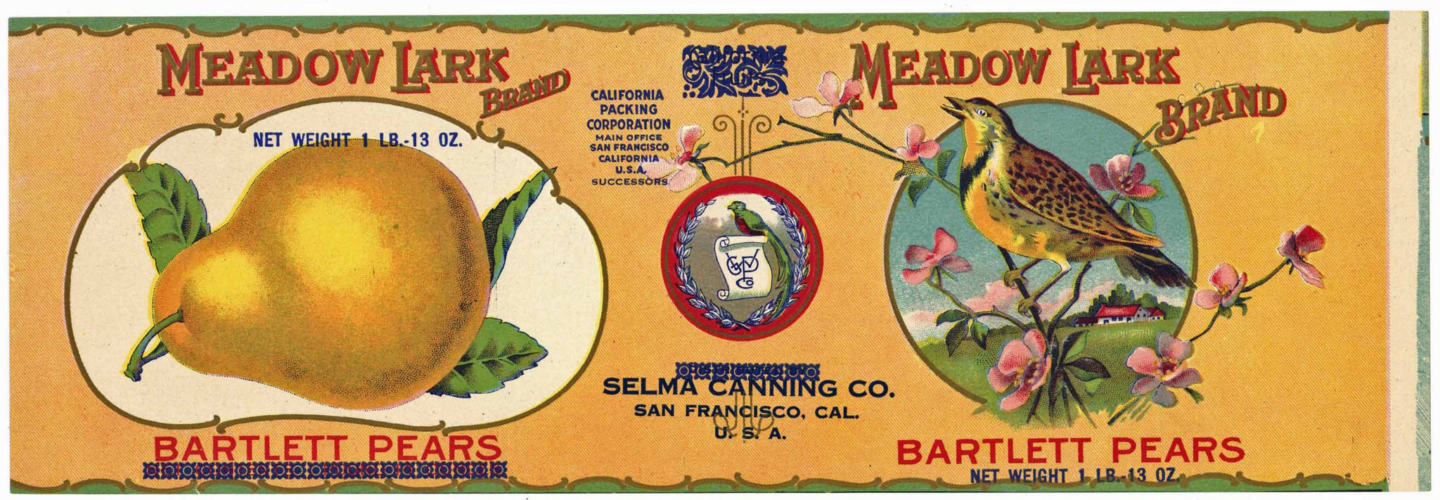 Meadow Lark Brand Vintage Pear Can Label