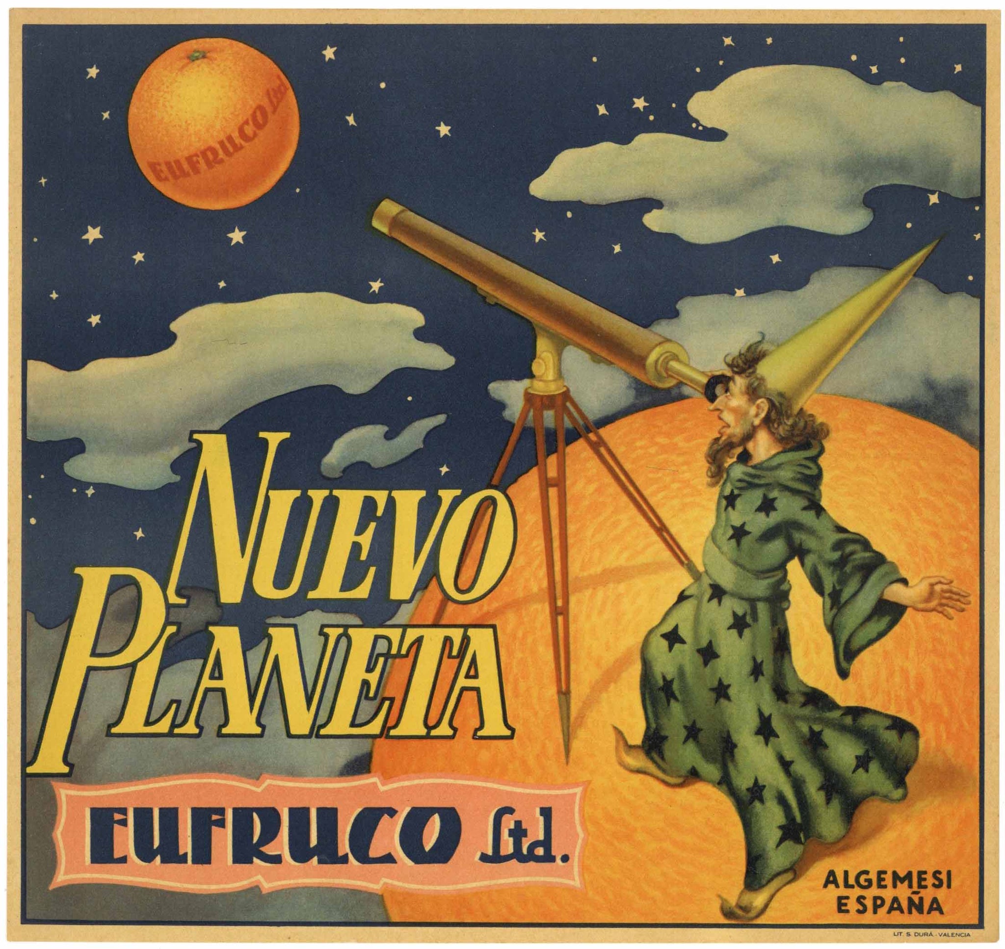 Nuevo Planeta Brand Vintage Spanish Orange Crate Label