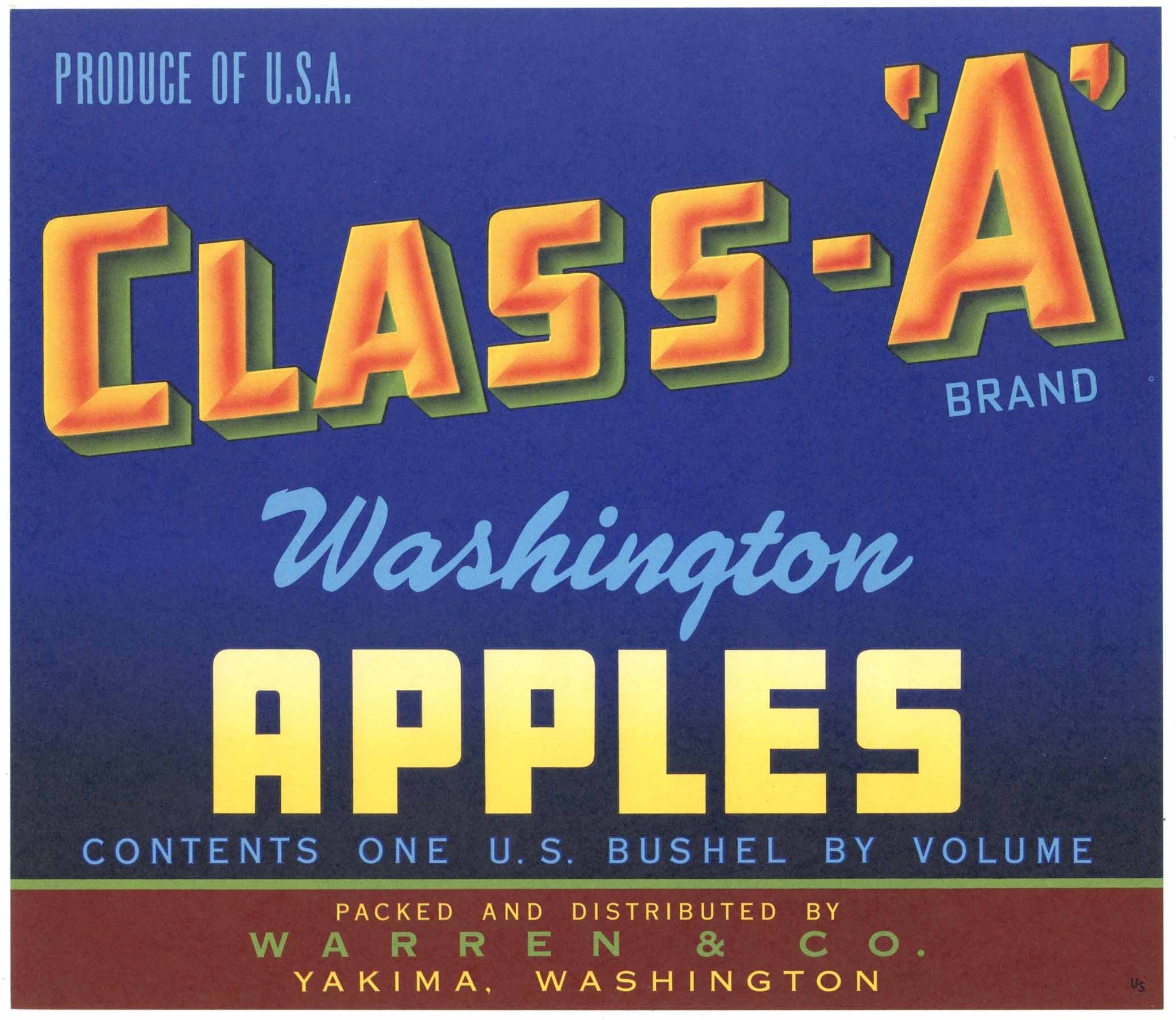 Class-A Brand Vintage Yakima Washington Apple Crate Label, blue