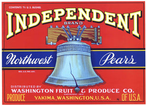 Independent Brand Vintage Yakima Pear Crate Label, Liberty Bell, red