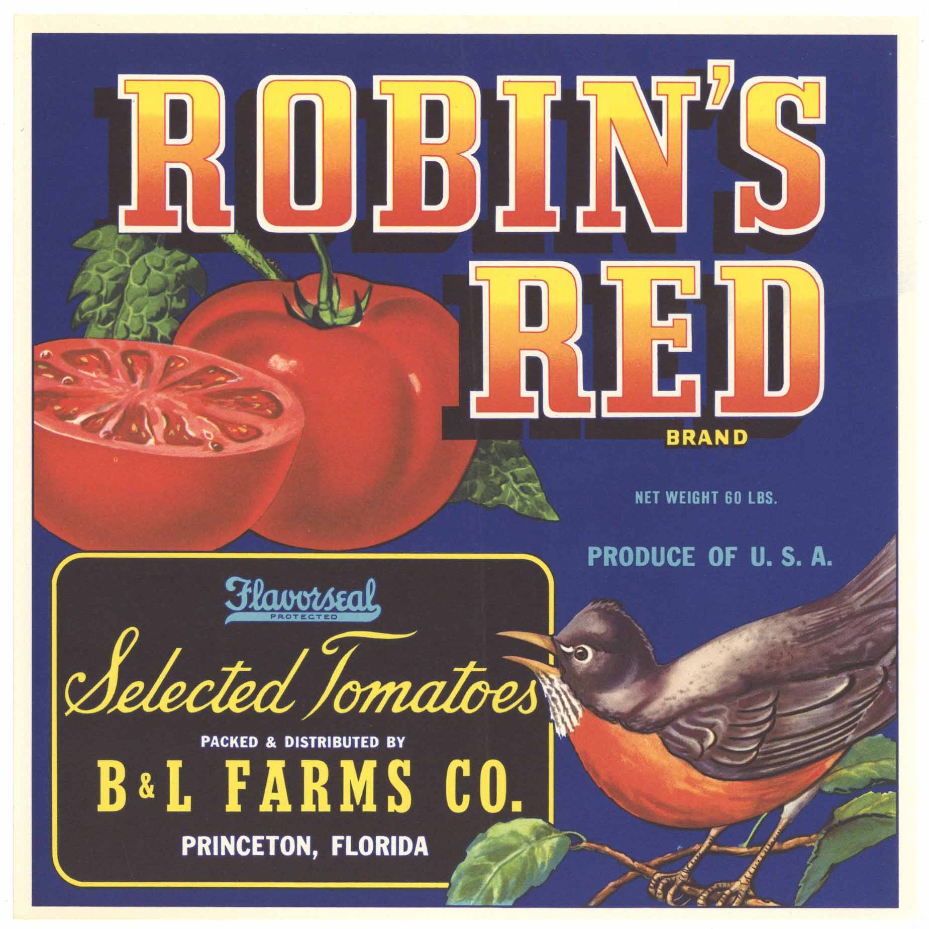 Robin's Red Brand Vintage Princeton Florida Tomato Crate Label