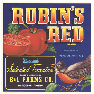 Robin's Red Brand Vintage Princeton Florida Tomato Crate Label