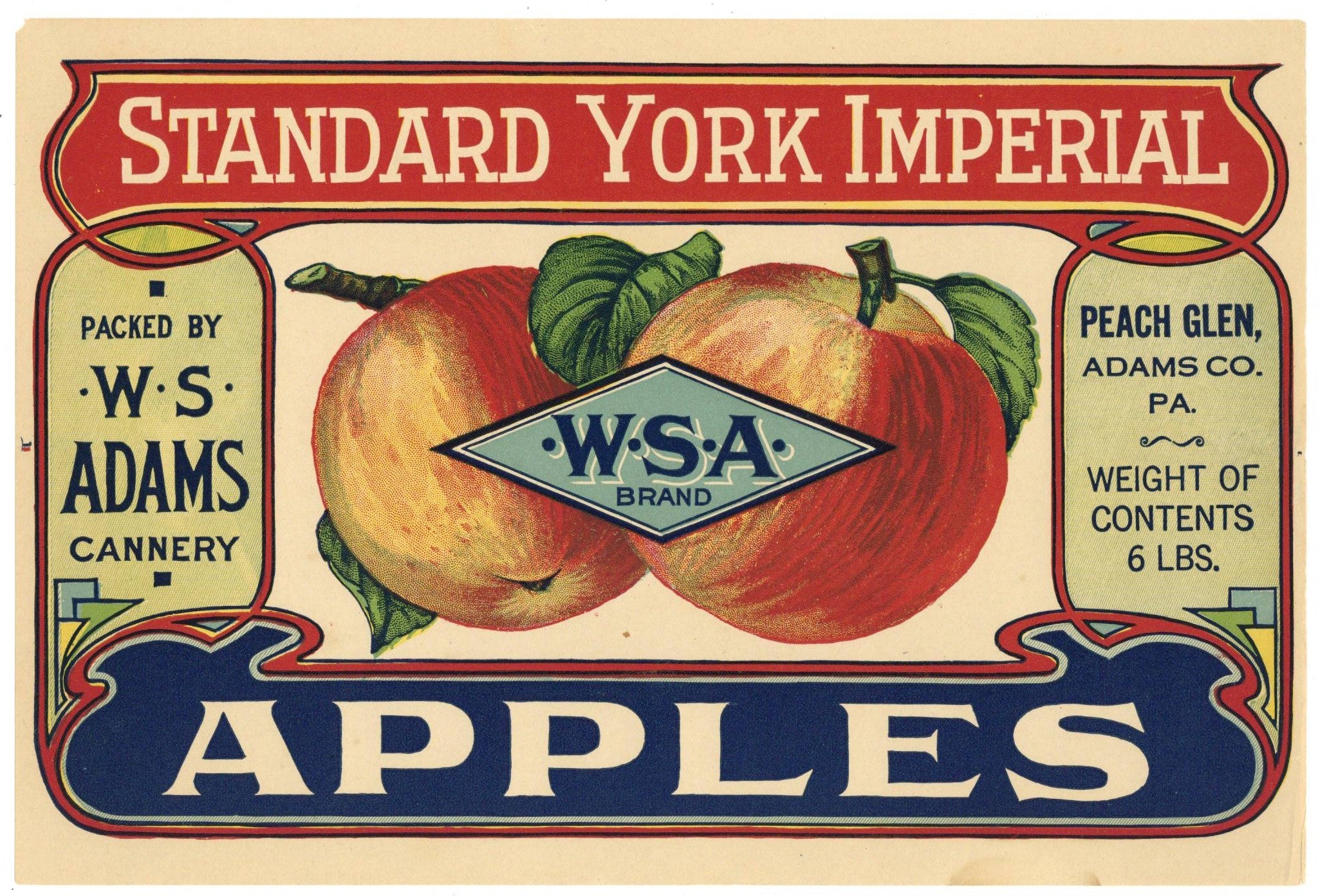 W S A  Brand Vintage Peach Glen Pennsylvania Apple Can Label