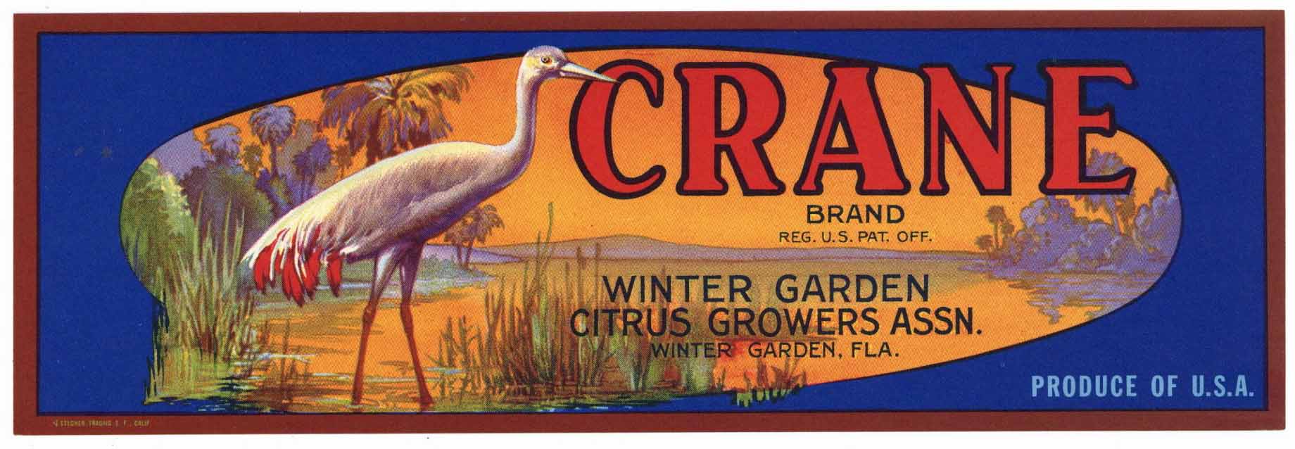 Crane Brand Vintage Winter Garden Florida Citrus Crate Label