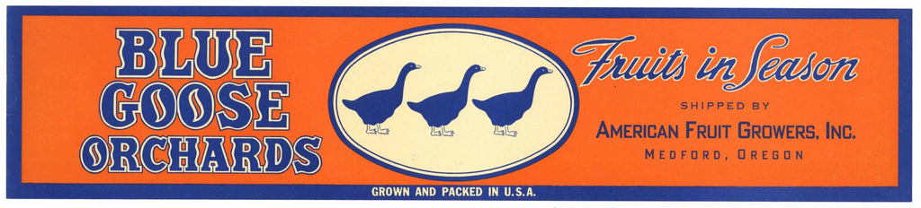 Blue Goose Orchards Brand Vintage Medford Oregon Fruit Crate Label
