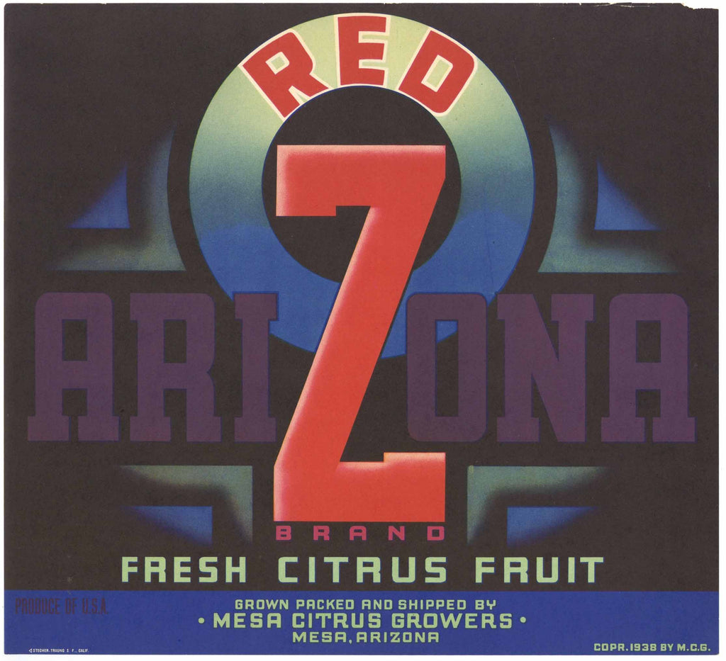Red Z Brand Vintage Mesa Arizona Orange Crate Label, Fresh Citrus Fruit