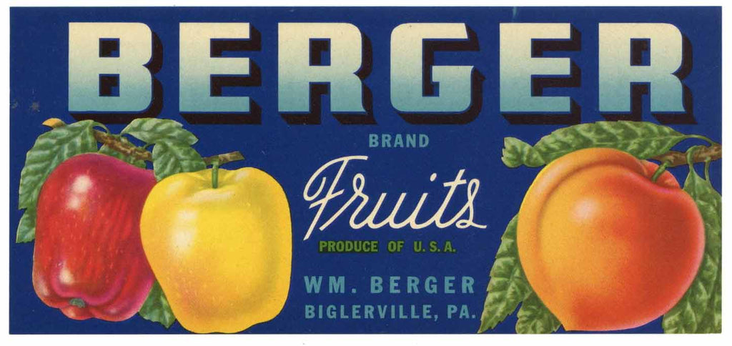 Berger Brand Vintage Biglerville Pennsylvania Apple Peach Crate Label