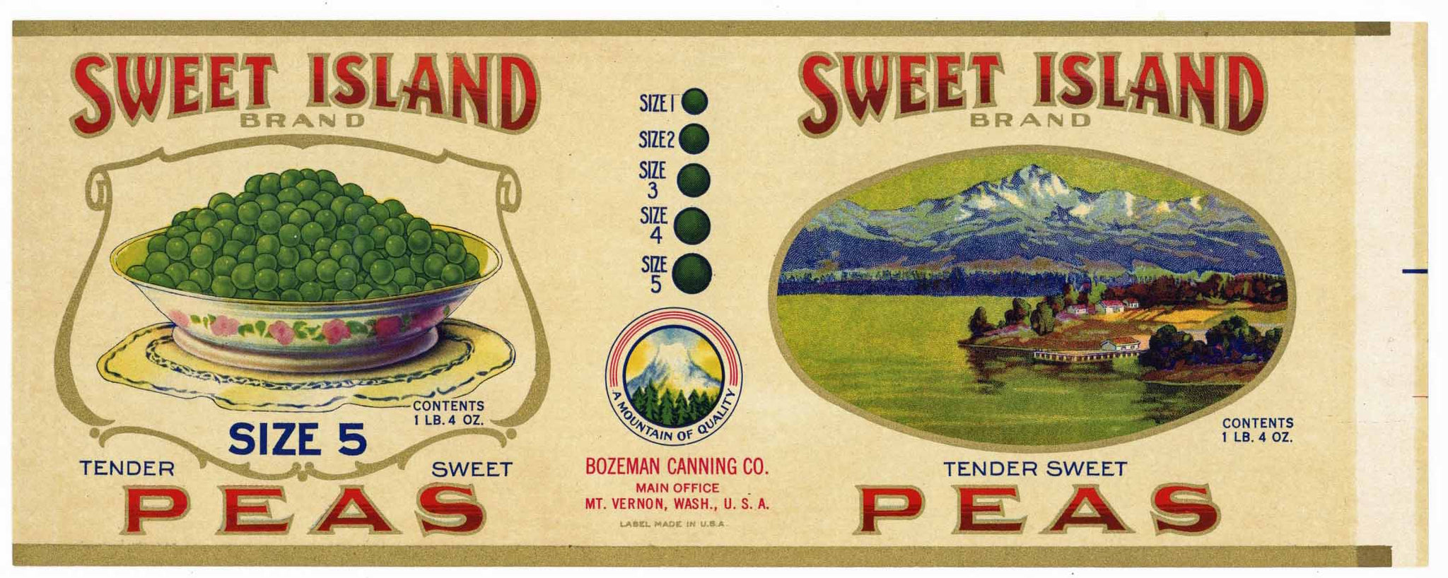 Sweet Island Brand Vintage Washington Peas Can Label, flowered bowl