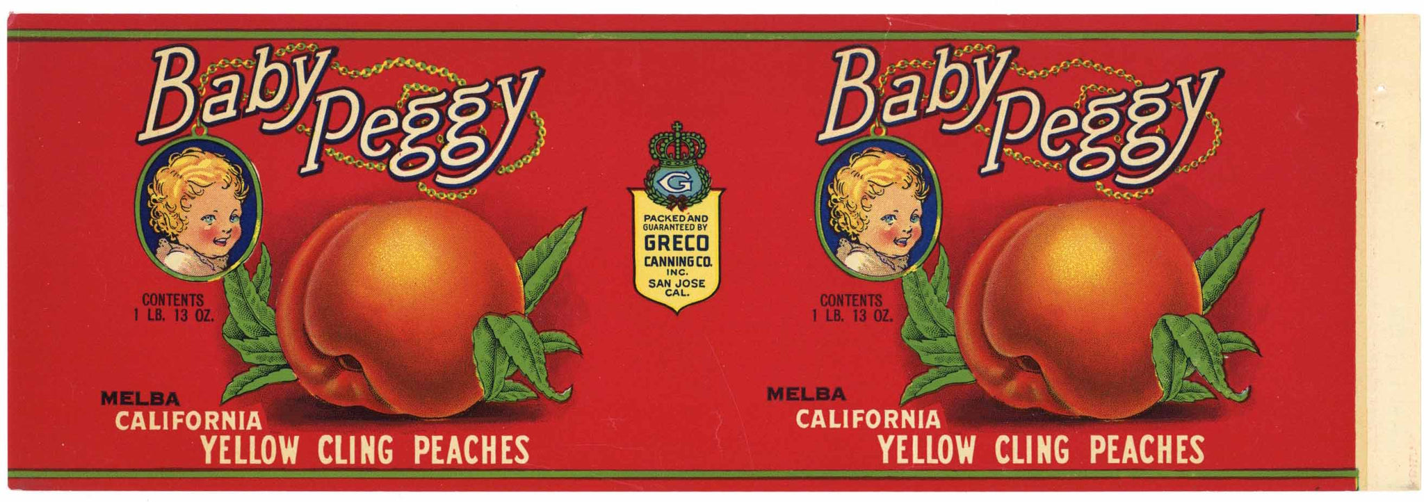 Baby Peggy Brand Vintage San Jose California Peach Can Label, L