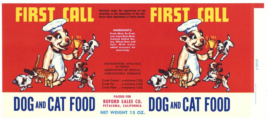 First Call Brand Vintage Petaluma California Dog and Cat Food Can Label