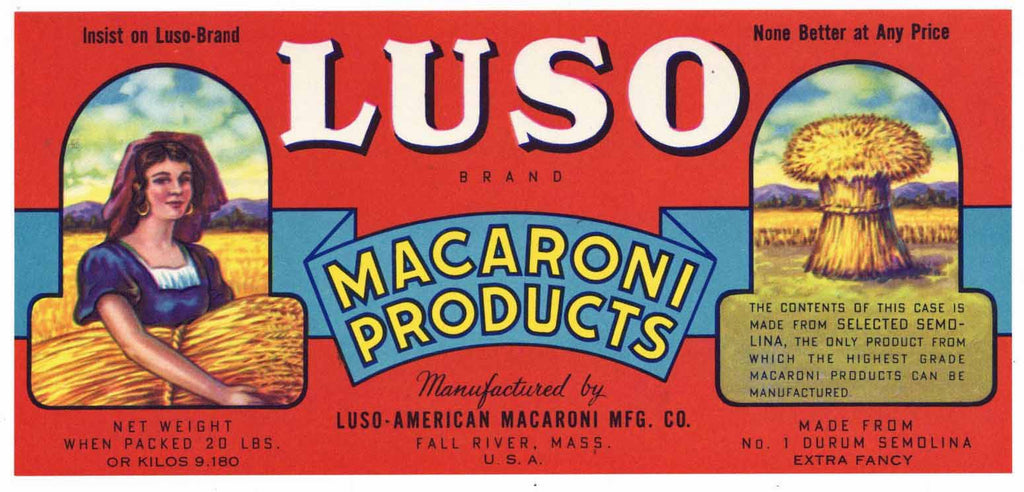 Luso Brand Vintage Fall River Massachusetts Pasta Label, Macaroni