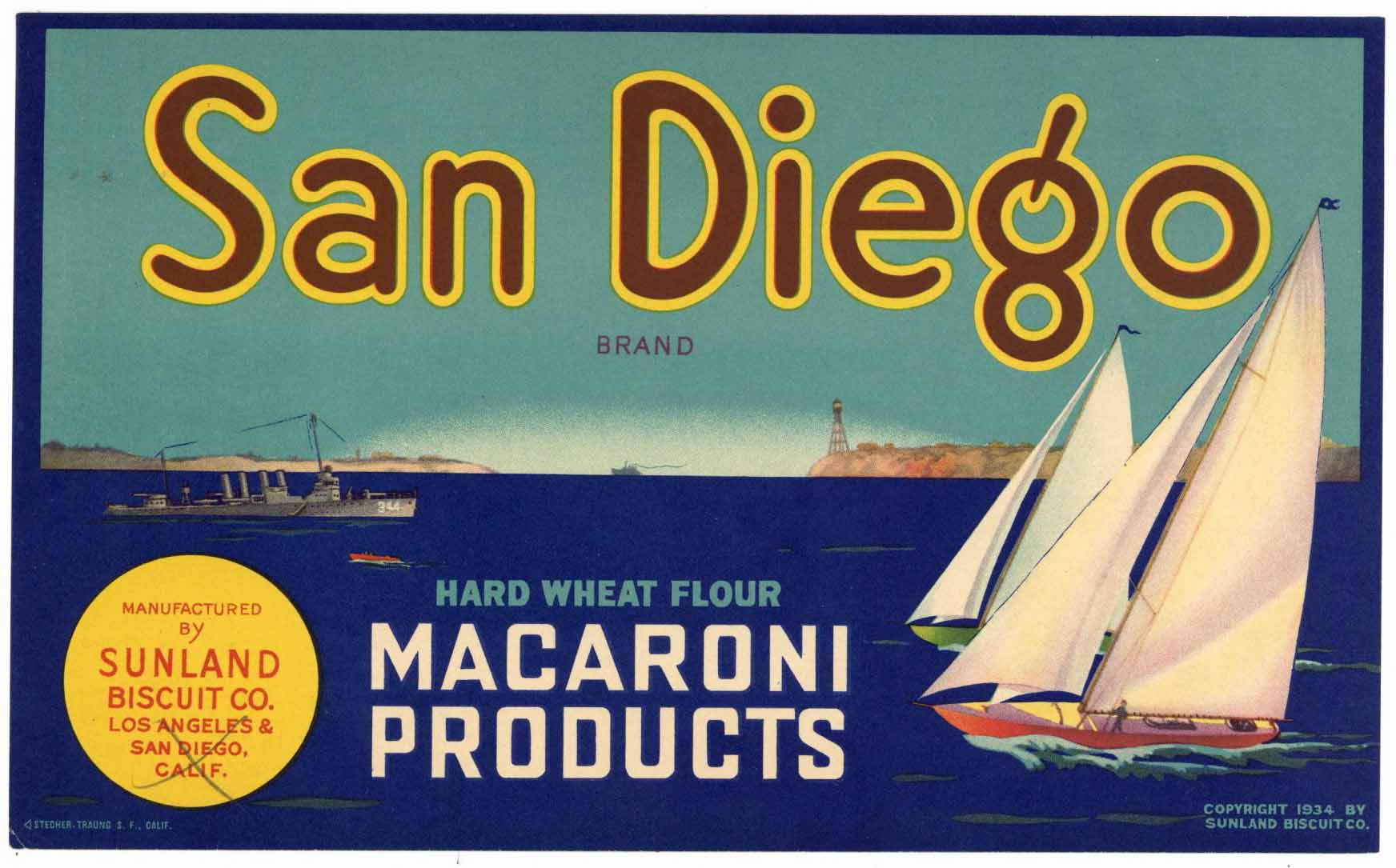 San Diego Brand Vintage San Diego California Pasta Label, Macaroni