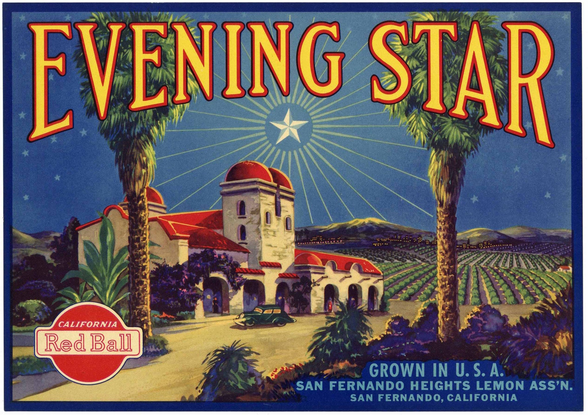 Evening Star Brand Vintage San Fernando Lemon Crate Label varnish