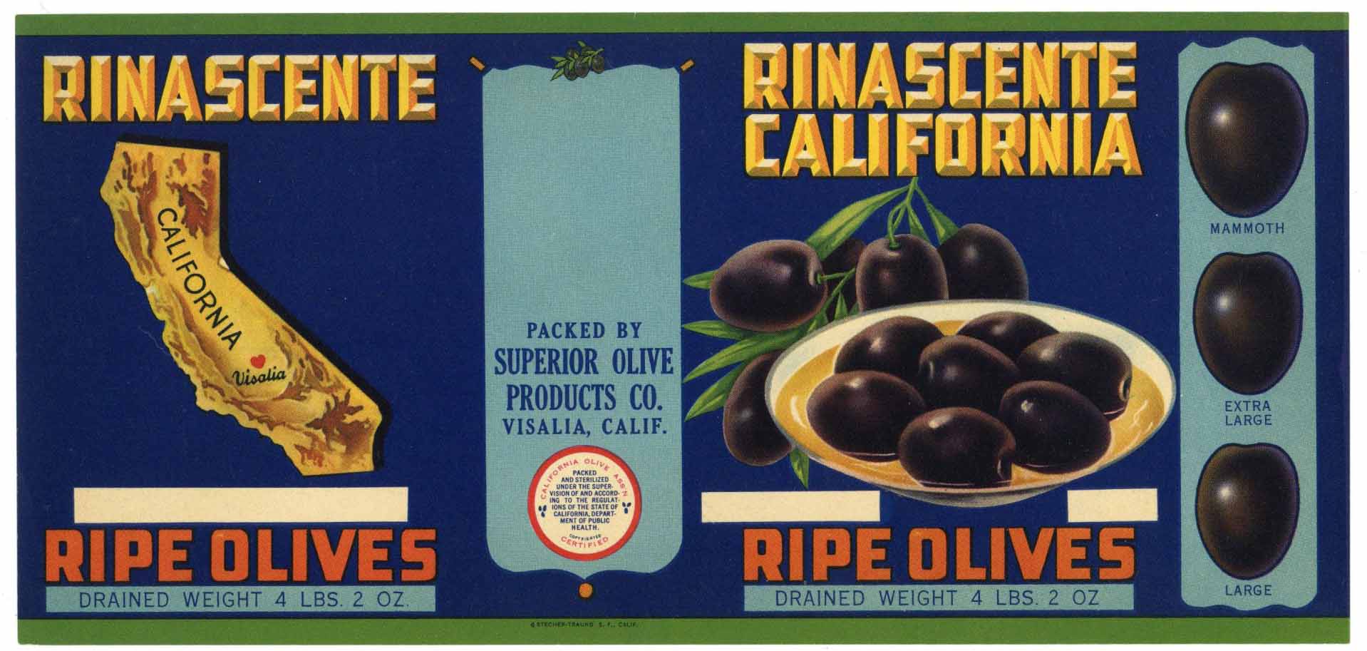 Rinascente Brand Vintage Visalia California Olve Can Label