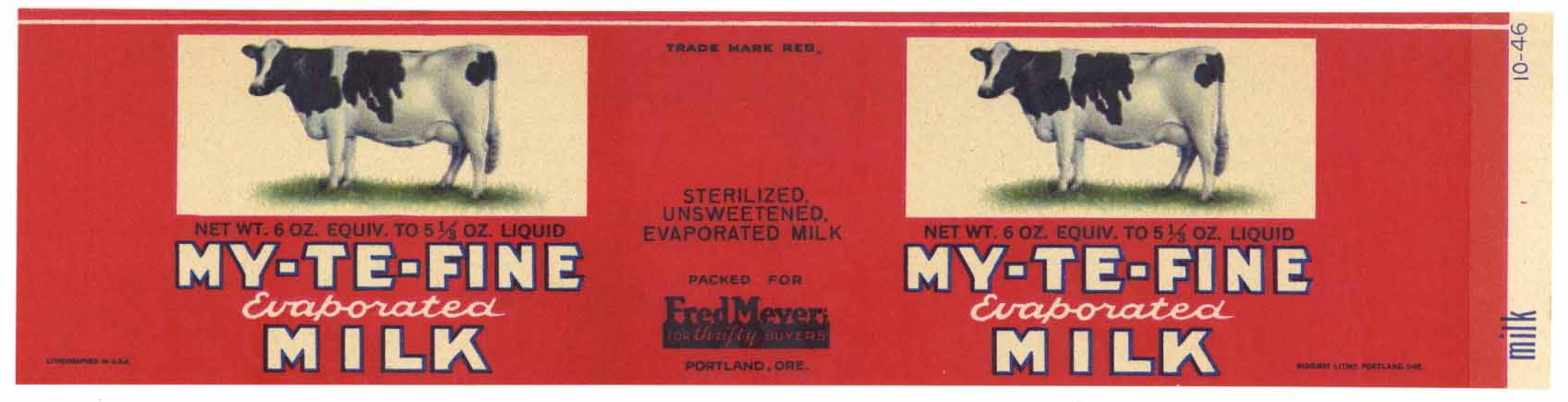 My-Te-Fine Brand Vintage Fred Meyer Milk Can Label, small