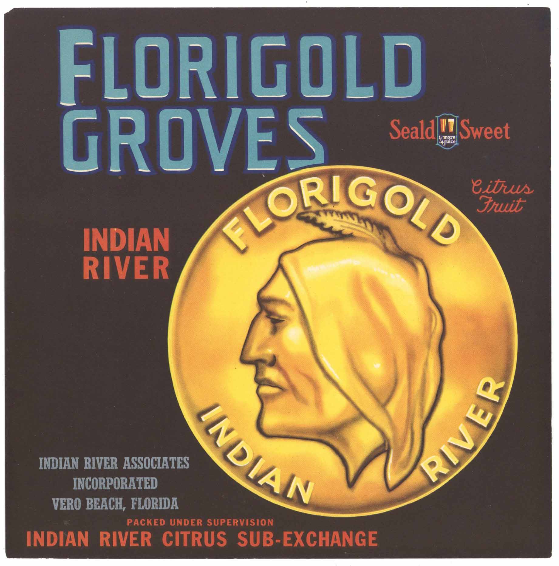 Florigold Brand Vintage Indian River Florida Citrus Crate Label, 9x9