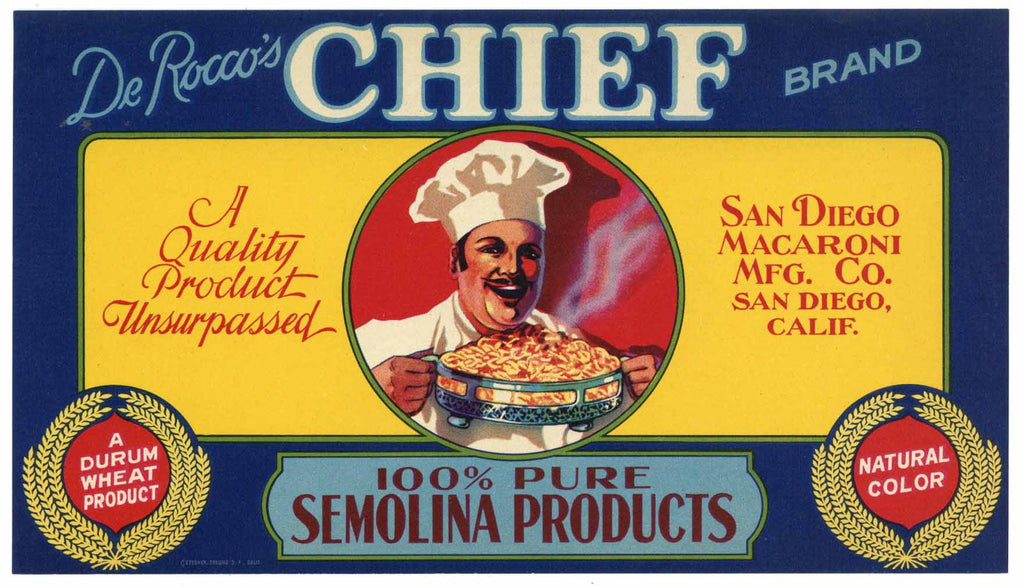 Chief Brand Vintage San Diego California Pasta Label