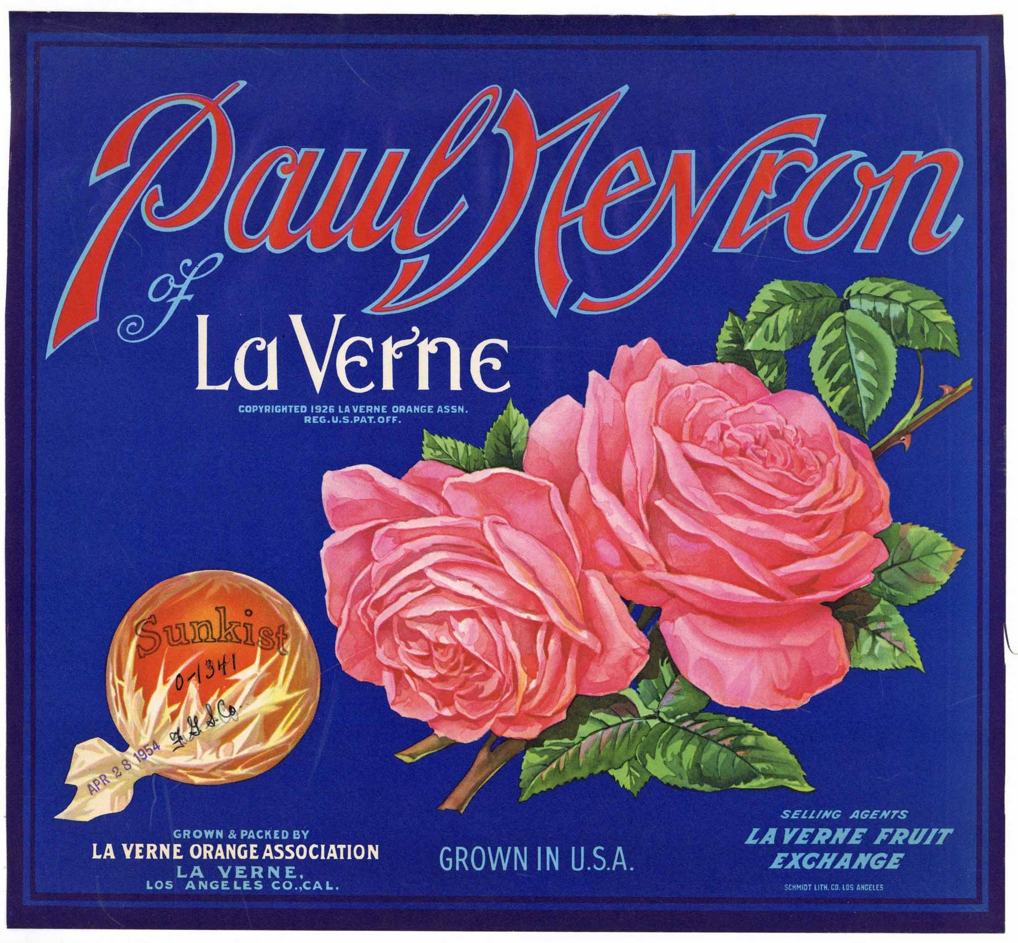 Paul Neyron Brand Vintage La Verne California Orange Crate Label, wear