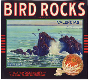 Bird Rocks Brand Vintage Villa Park California Orange Crate Label, wear