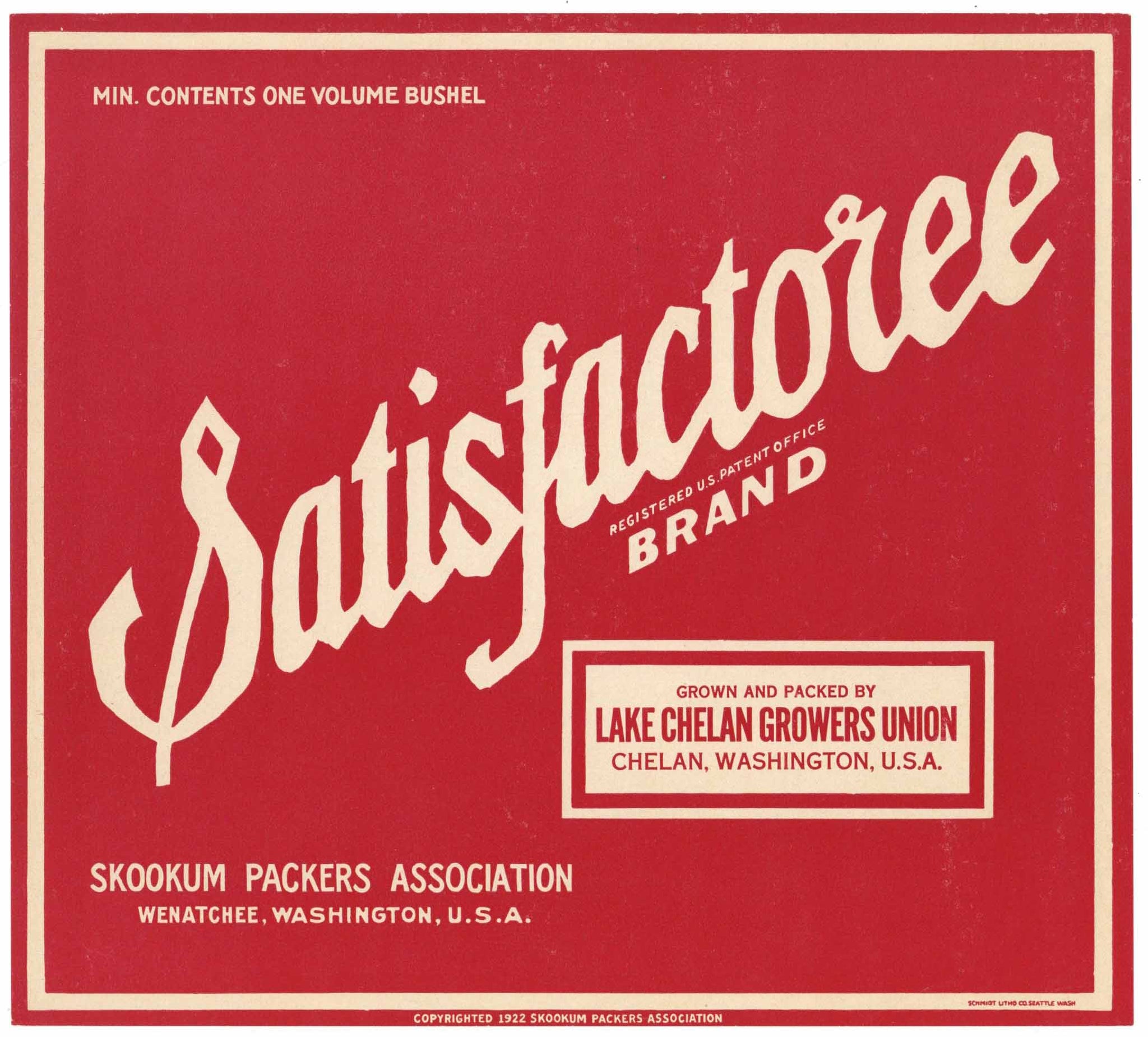 Satisfactoree Brand Vintage Wenatchee Washington Apple Crate Label