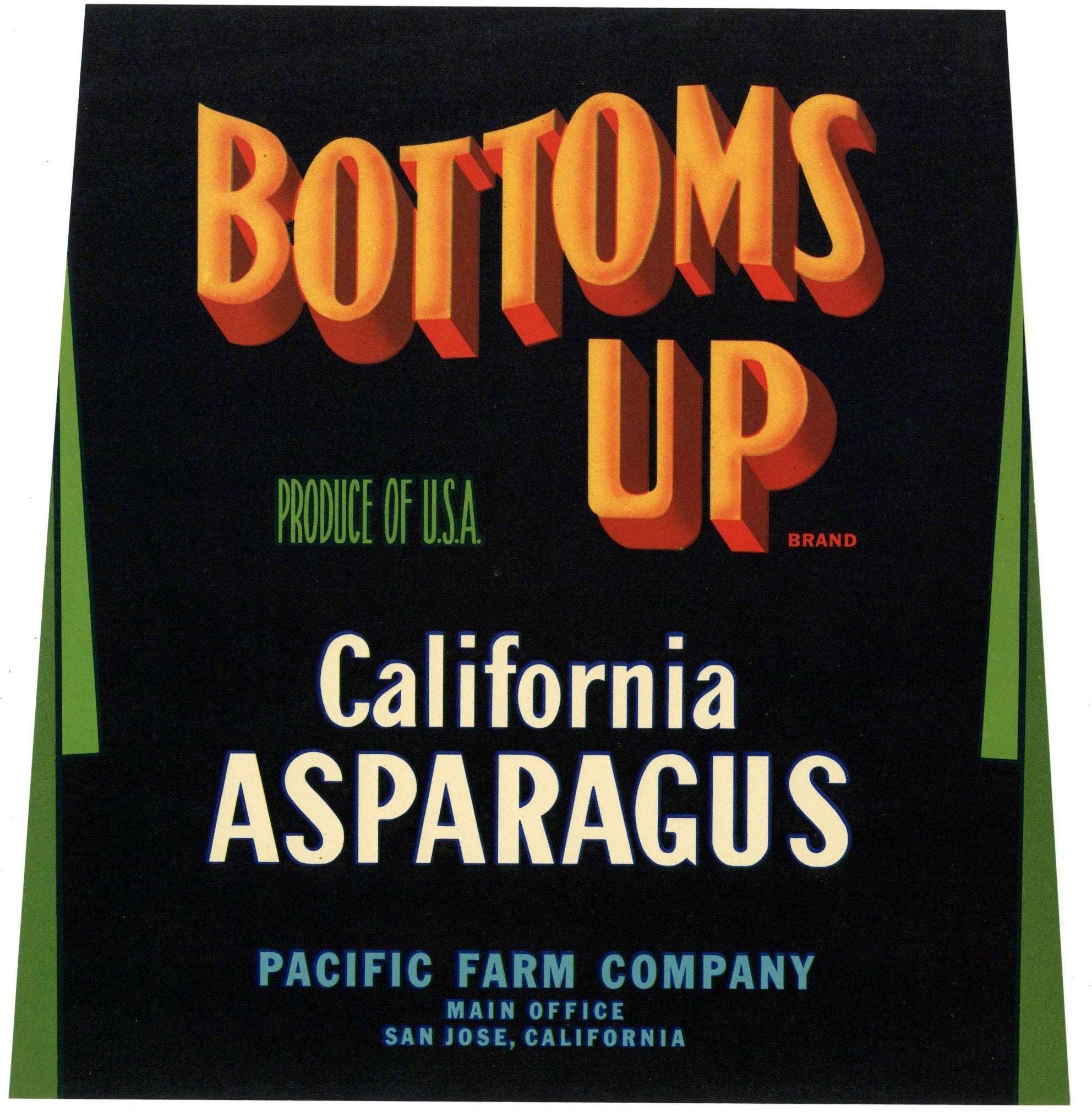 Bottoms Up Brand Vintage San Jose California Asparagus Crate Label