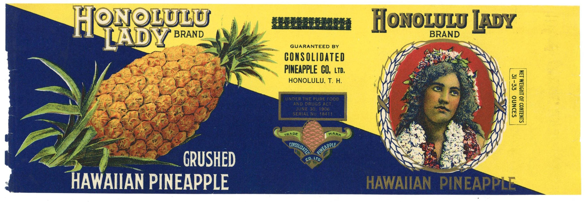 Honolulu Lady Brand Vintage Pineapple Can Label, Consolidated Pineapple Co, damage