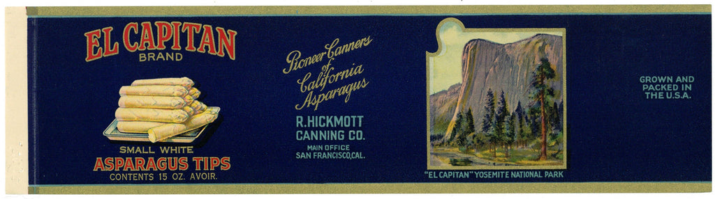 El Capitan Brand Vintage Asparagus Tips Can Label, Yosemite Valley