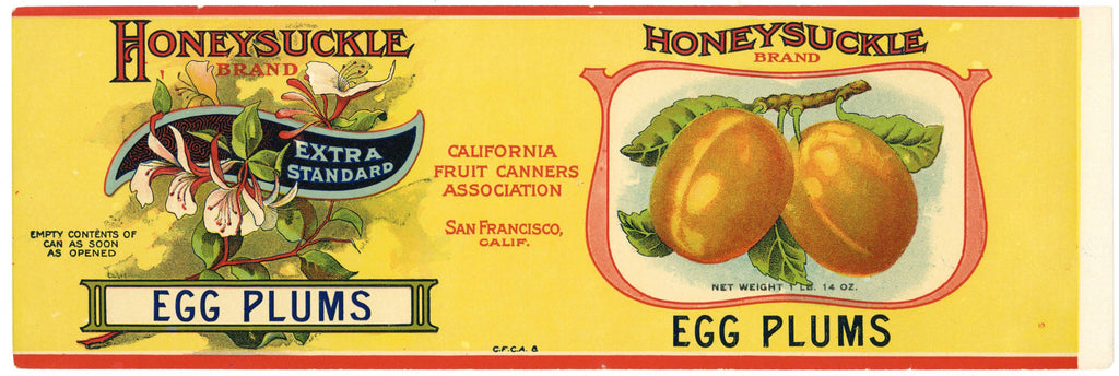 Honeysuckle Brand Vintage Egg Plums Can Label