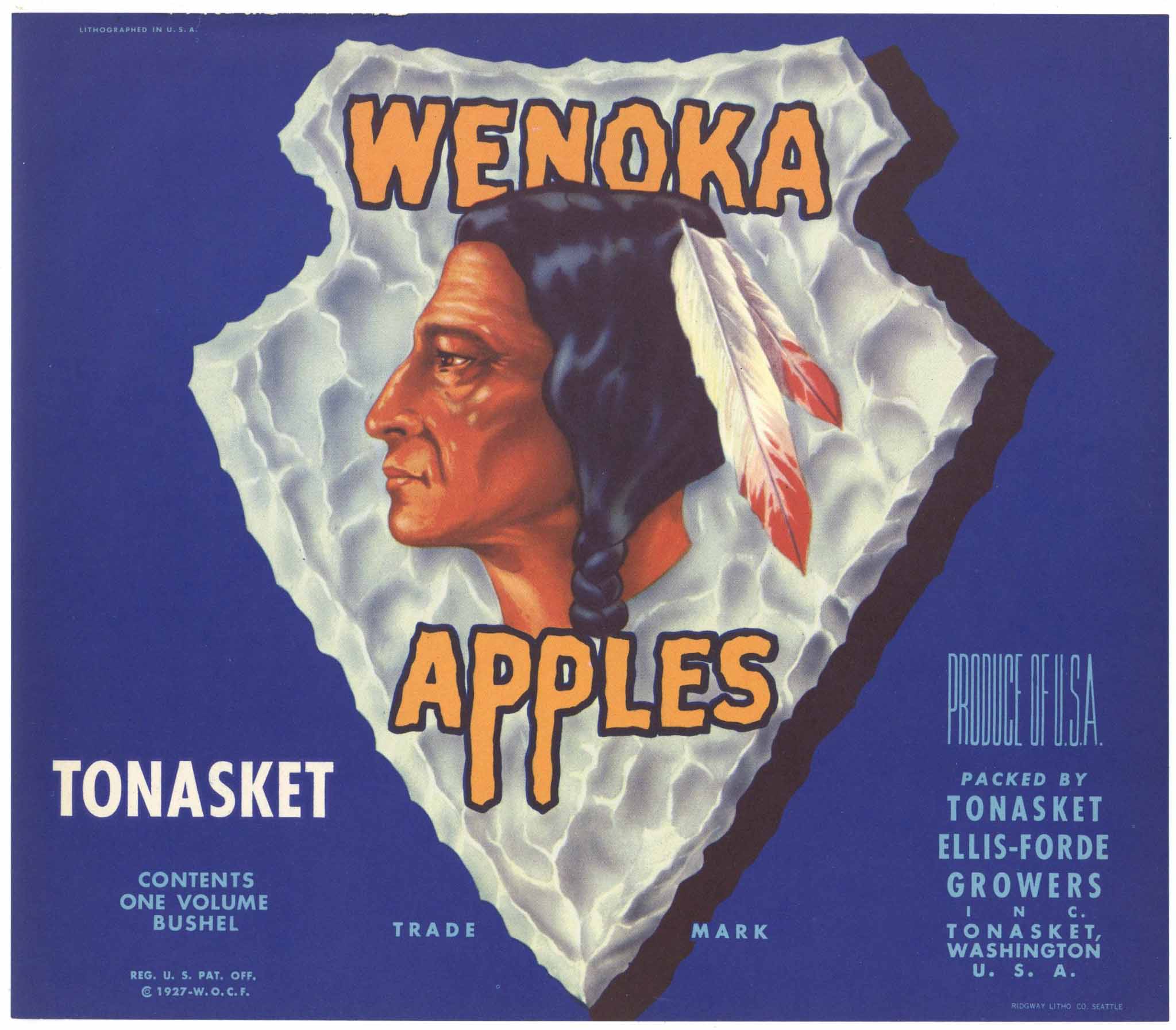 Wenoka Brand Vintage Washington Apple Crate Label, Tonasket, damage