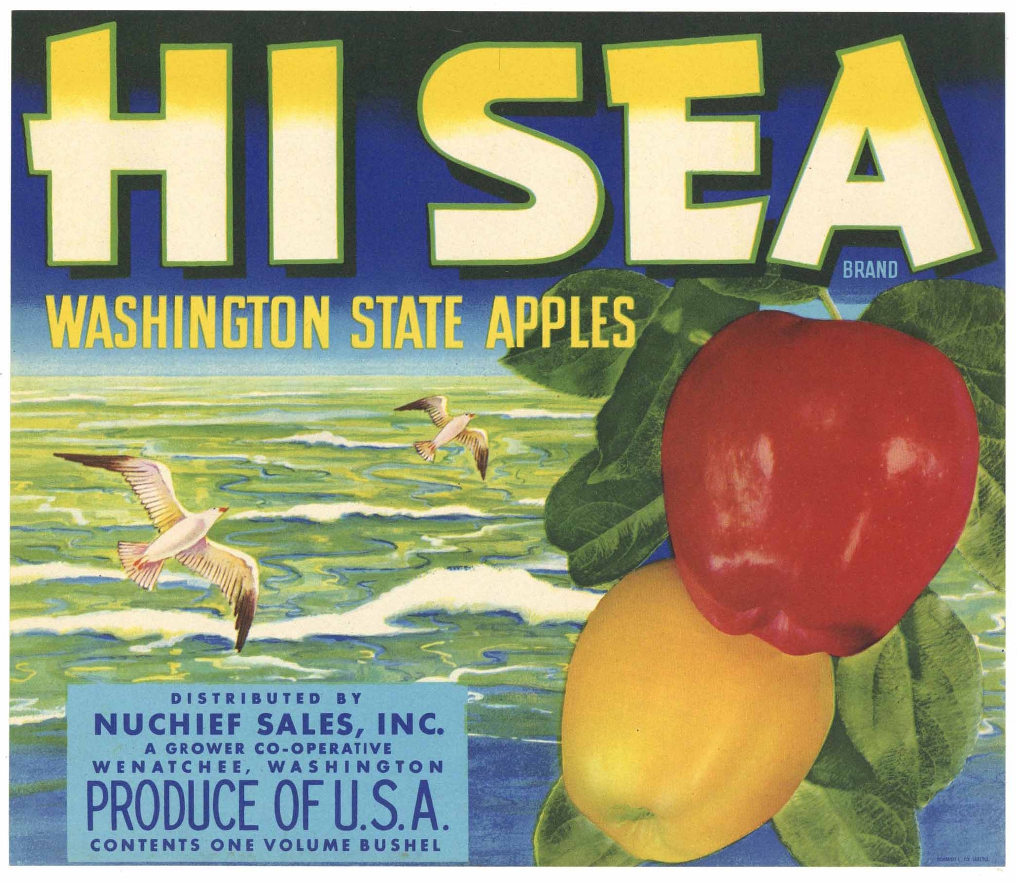 Hi Sea Brand Vintage Wenatchee Washington Apple Crate Label, Nuchief Sales