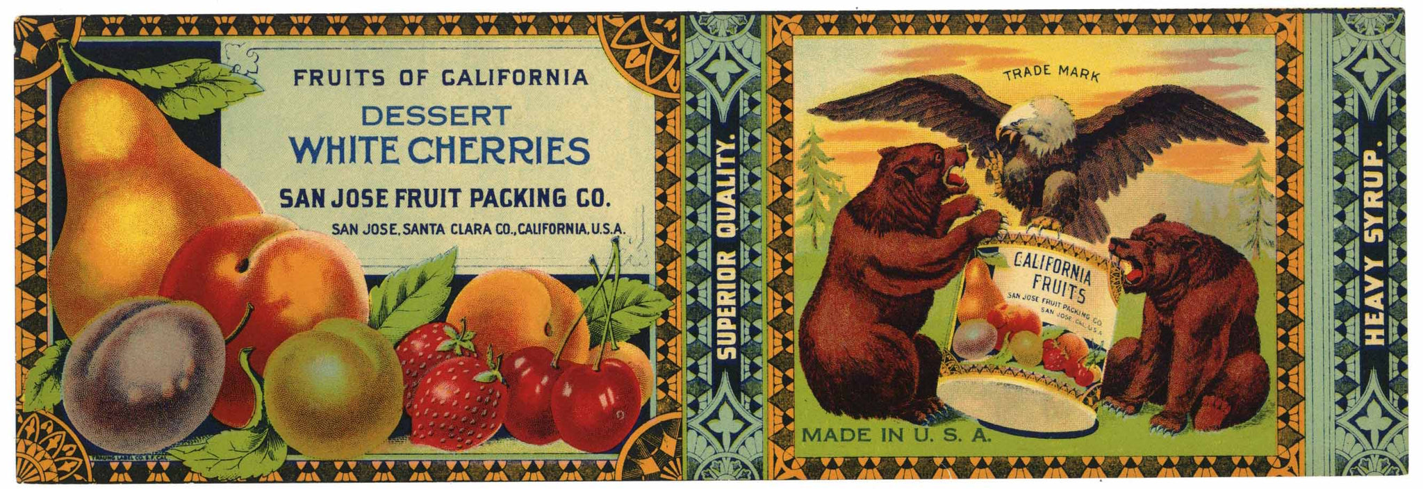 Fruits Of California Brand Vintage San Jose Fruits for Salad Can Label, White Cherries