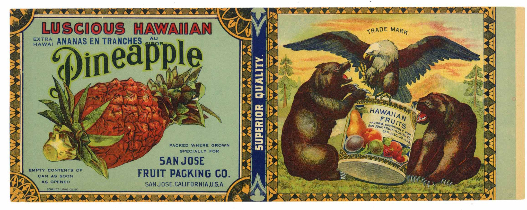 Luscious Hawaiian Pineapple Brand Vintage San Jose Fruit Packing Co. Can Label