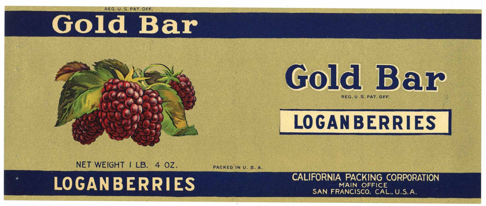 Gold Bar Brand Vintage Loganberries Can Label