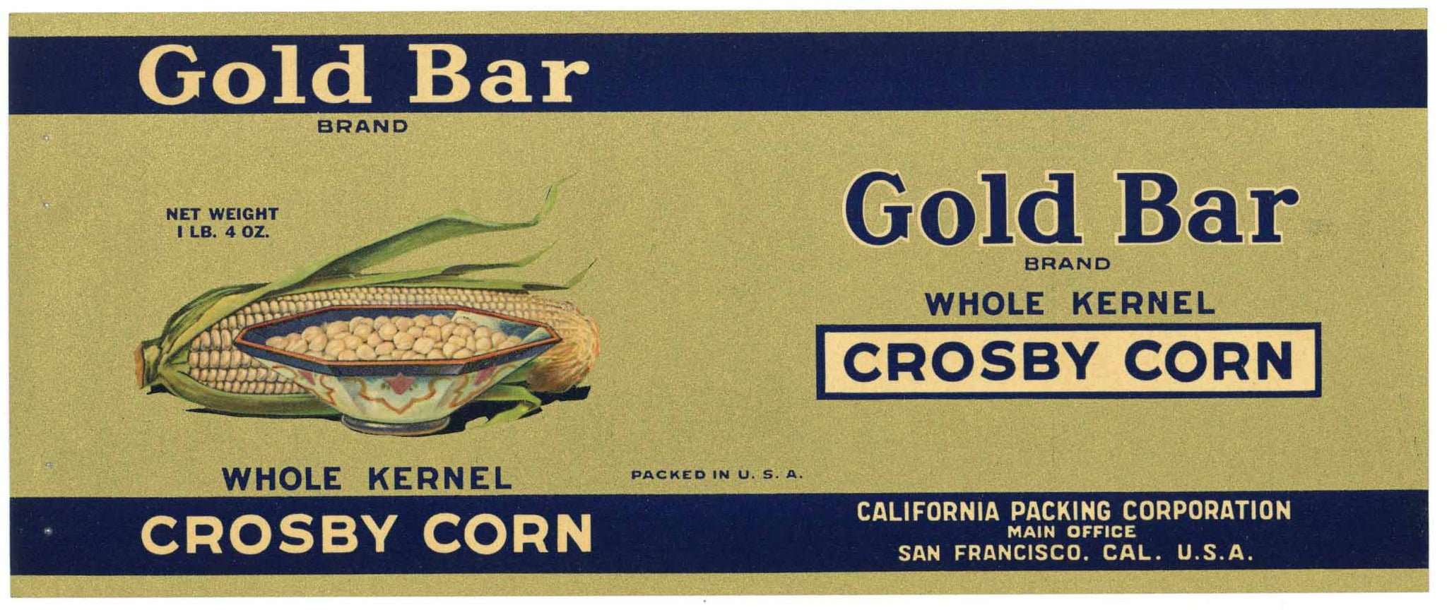 Gold Bar Brand Vintage Crosby Corn Can Label