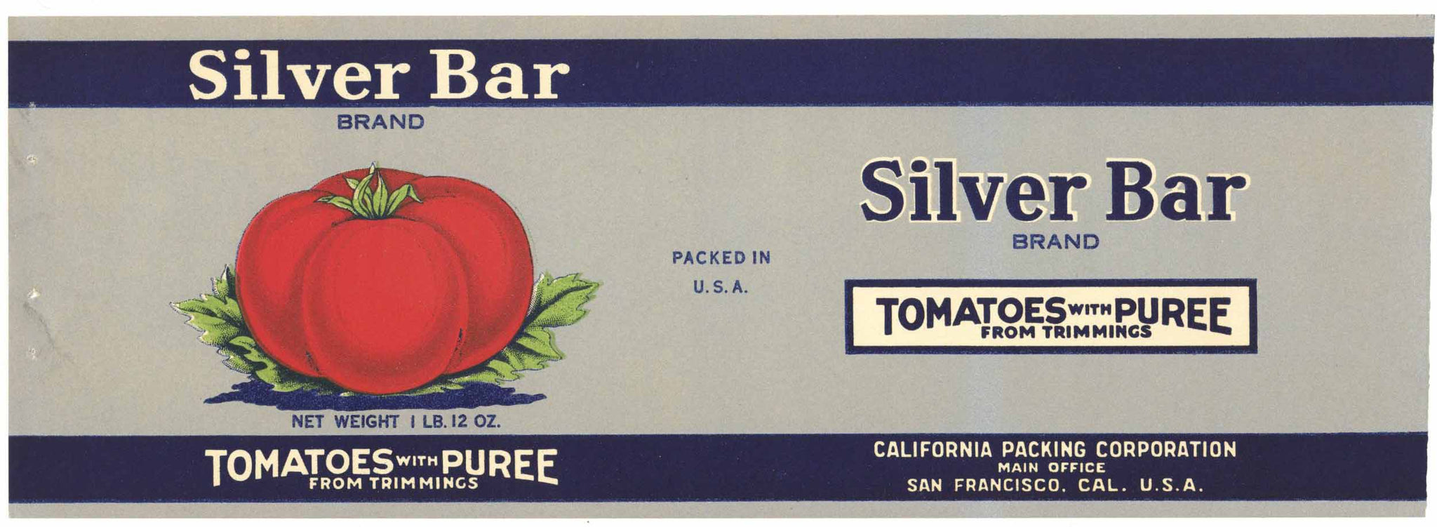 Silver Bar Brand Vintage Tomatoes With Puree Can Label