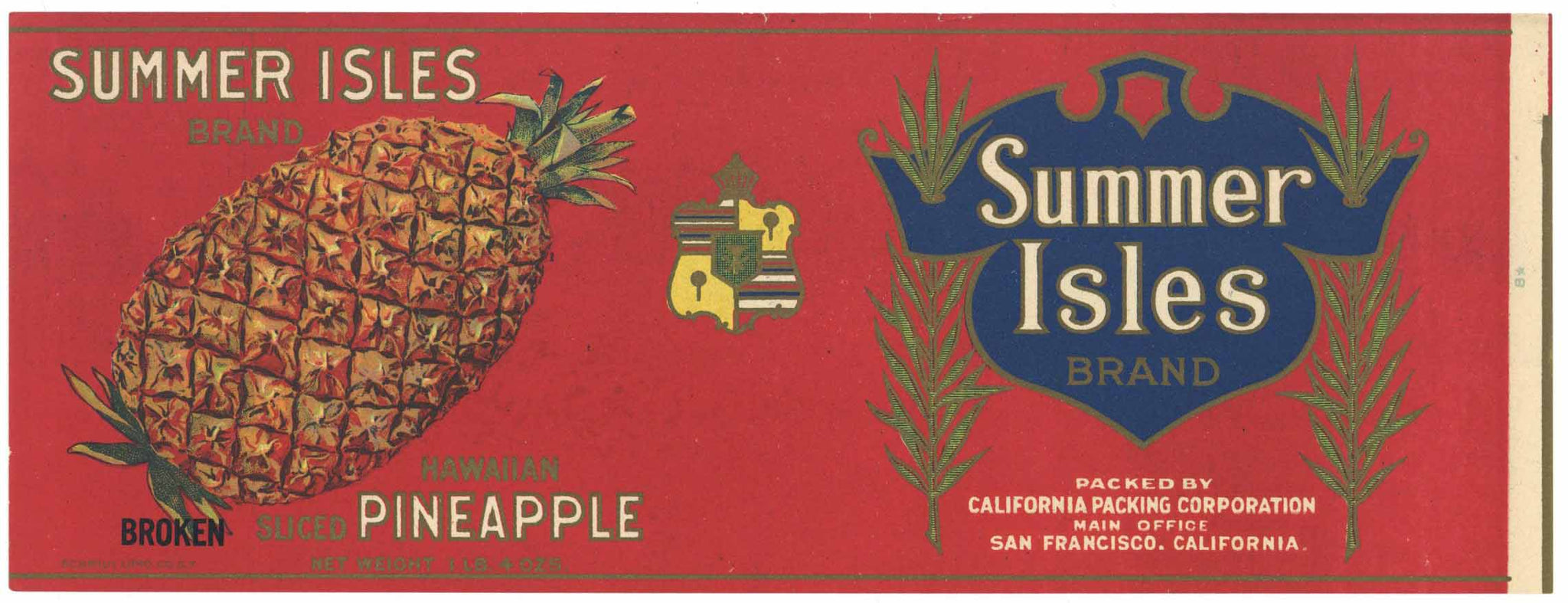 Summer Isles Brand Vintage Hawaiian Pineapple Can Label, Broken