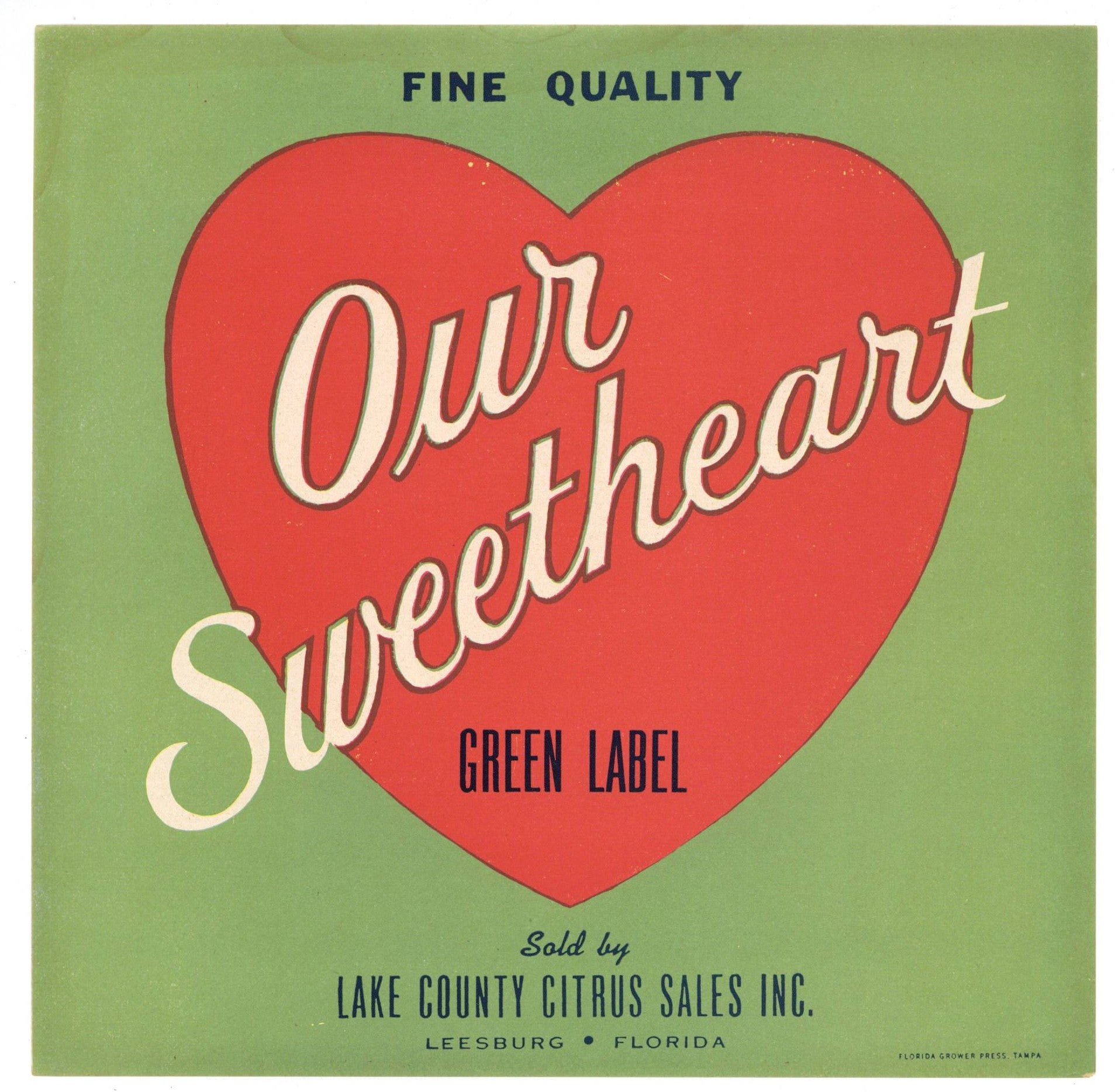 Our Sweetheart Brand Vintage Leesburg Florida Citrus Crate Label
