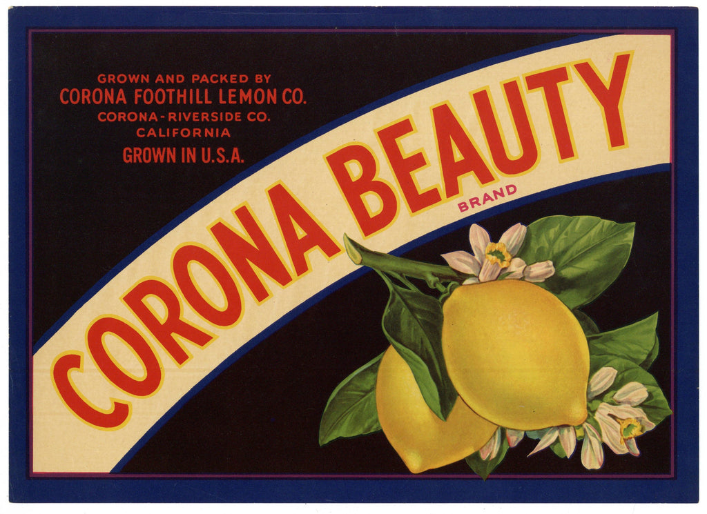 Corona Beauty Brand Vintage Riverside County Lemon Crate Label