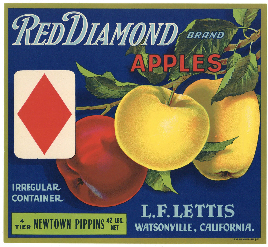 Red Diamond Brand Vintage Watsonville Apple Crate Label, variant, black