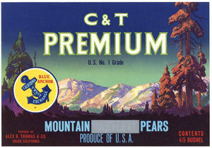 C & T Premium Brand Vintage Ukiah Mendocino County Pear Crate Label, overprint