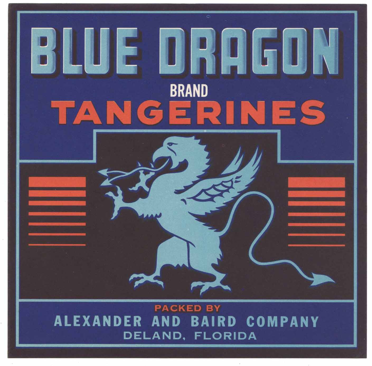 Blue Dragon Brand Vintage Deland Florida Citrus Crate Label 7x7