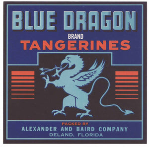 Blue Dragon Brand Vintage Deland Florida Citrus Crate Label 7x7