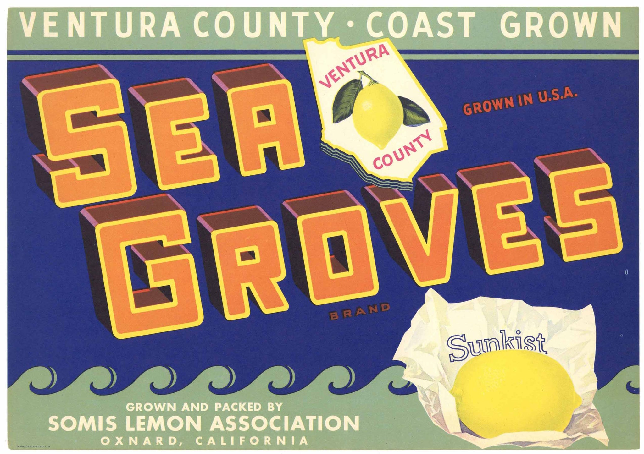 Sea Groves Brand Vintage Oxnard Lemon Crate Label